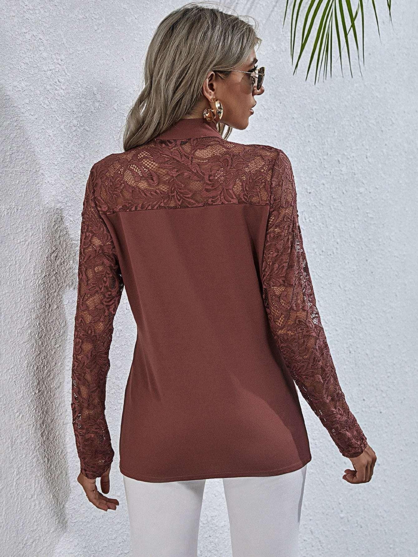 Tie Neck Spliced Lace Long Sleeve Top - VILLA FASHION