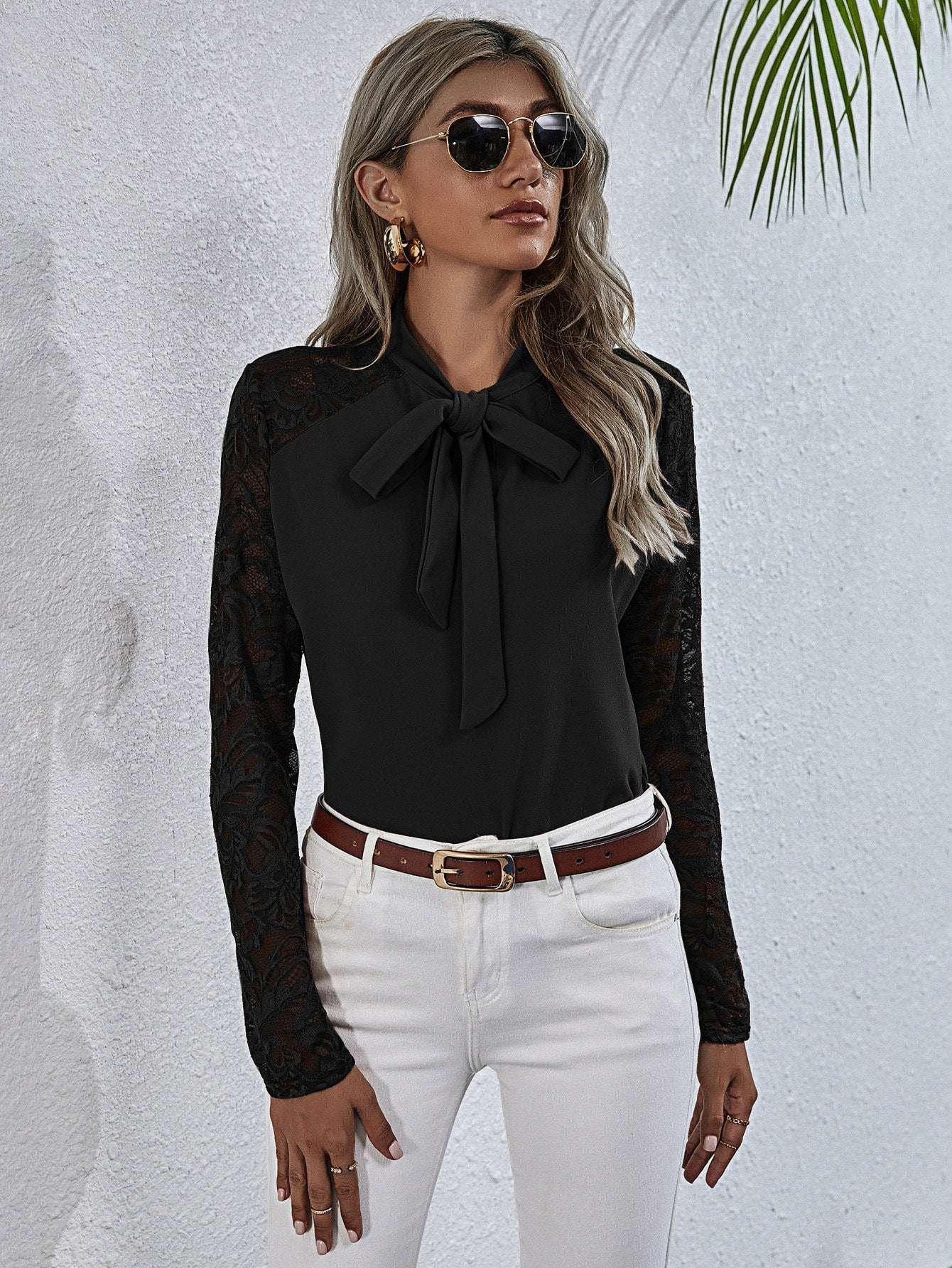 Tie Neck Spliced Lace Long Sleeve Top - VILLA FASHION