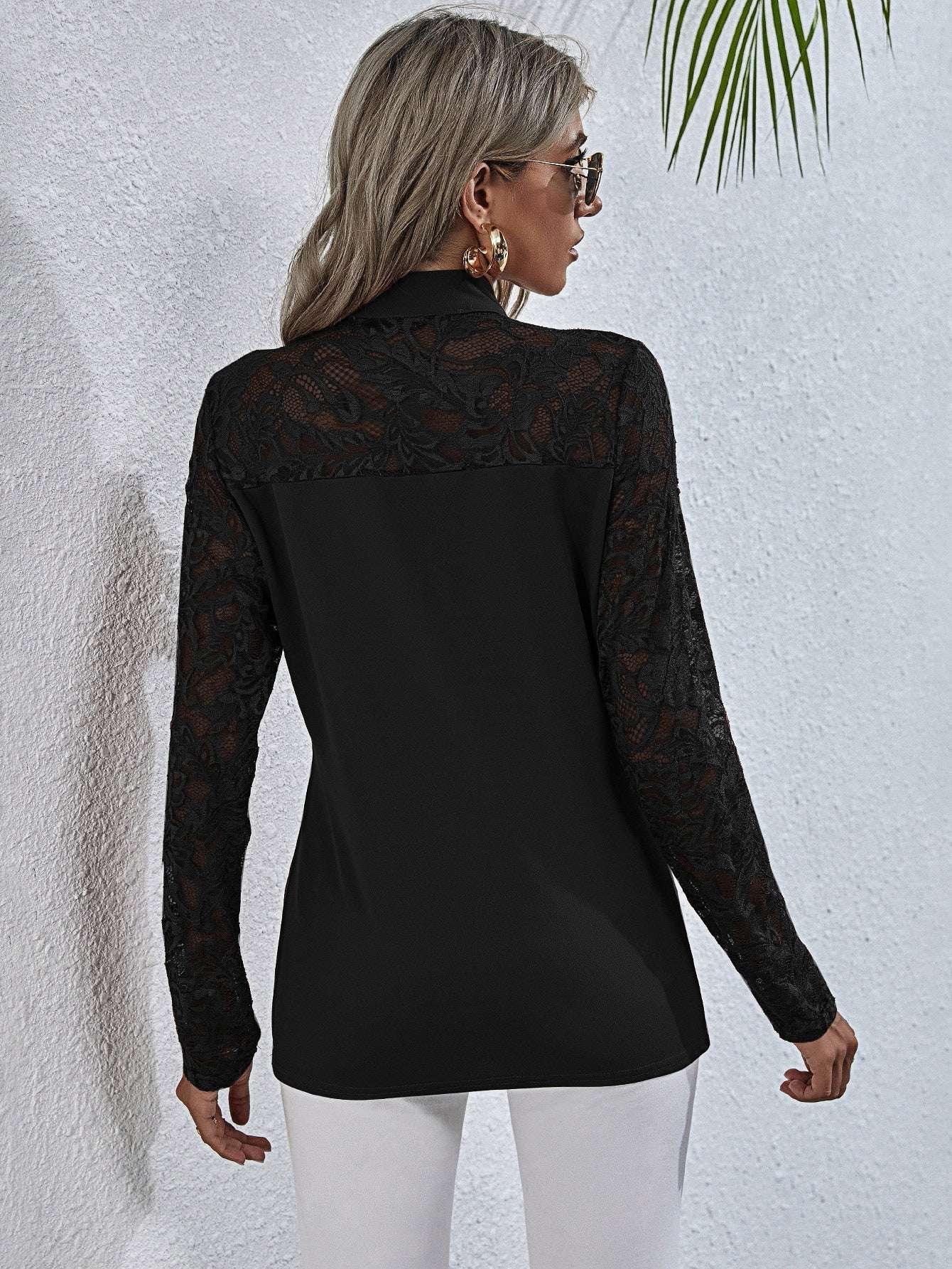 Tie Neck Spliced Lace Long Sleeve Top - VILLA FASHION