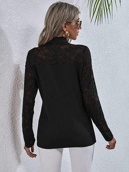 Tie Neck Spliced Lace Long Sleeve Top - VILLA FASHION