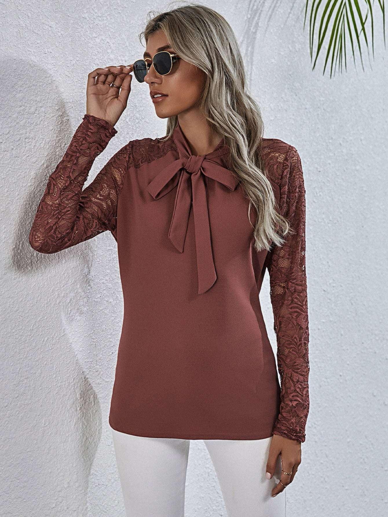 Tie Neck Spliced Lace Long Sleeve Top - VILLA FASHION