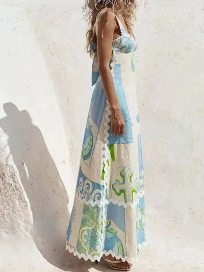 Tied Back Printed Maxi Dress - VILLA FASHION