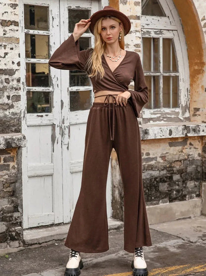Tied Flare Sleeve Top and Pants Set - VILLA FASHION