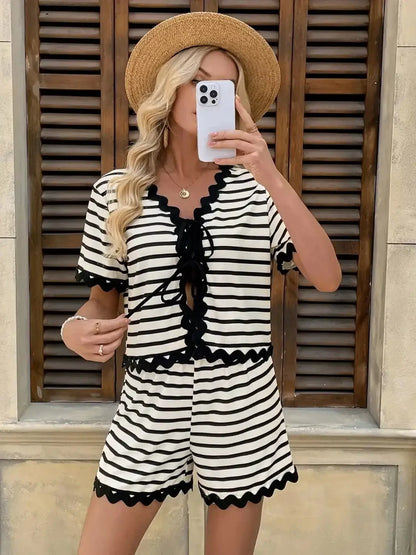 Tied Front Striped Top and Shorts Set - VILLA FASHION