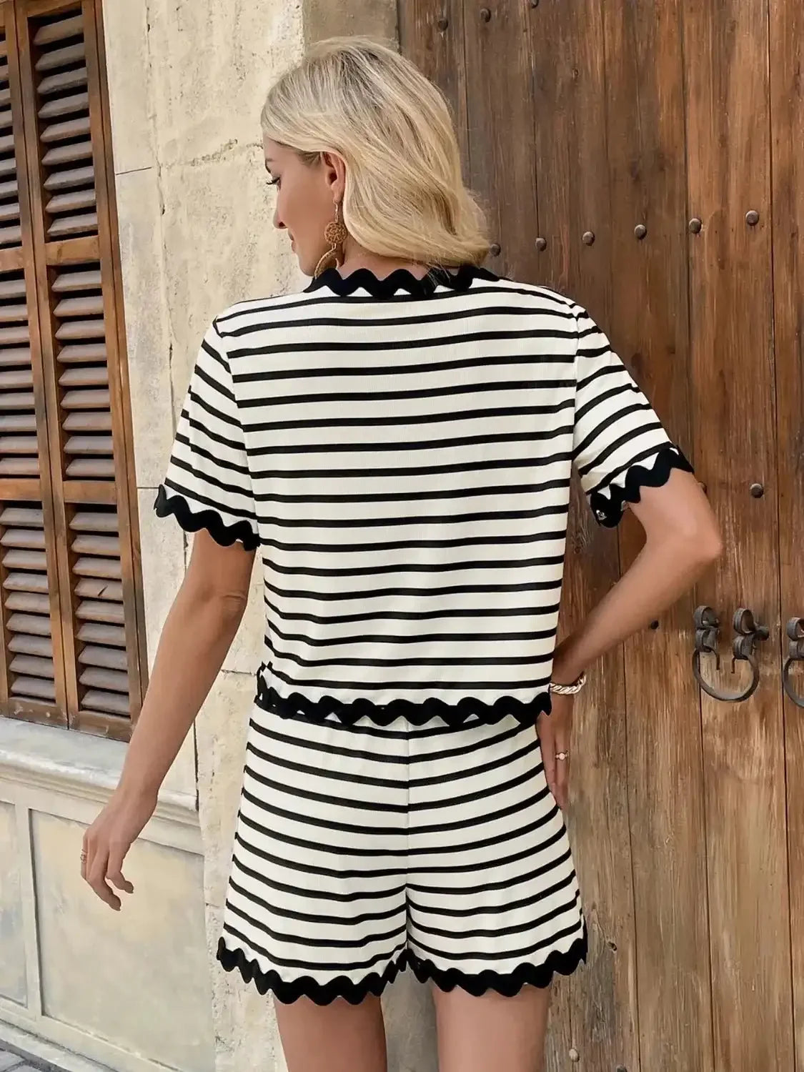 Tied Front Striped Top and Shorts Set - VILLA FASHION