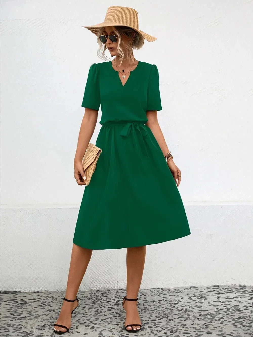 Tied Notched Short Sleeve Dress - VILLA FASHION