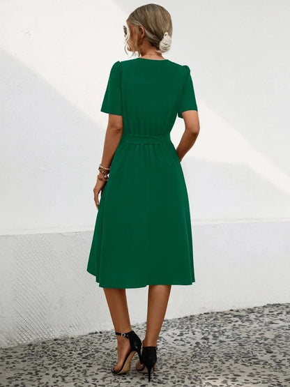 Tied Notched Short Sleeve Dress - VILLA FASHION