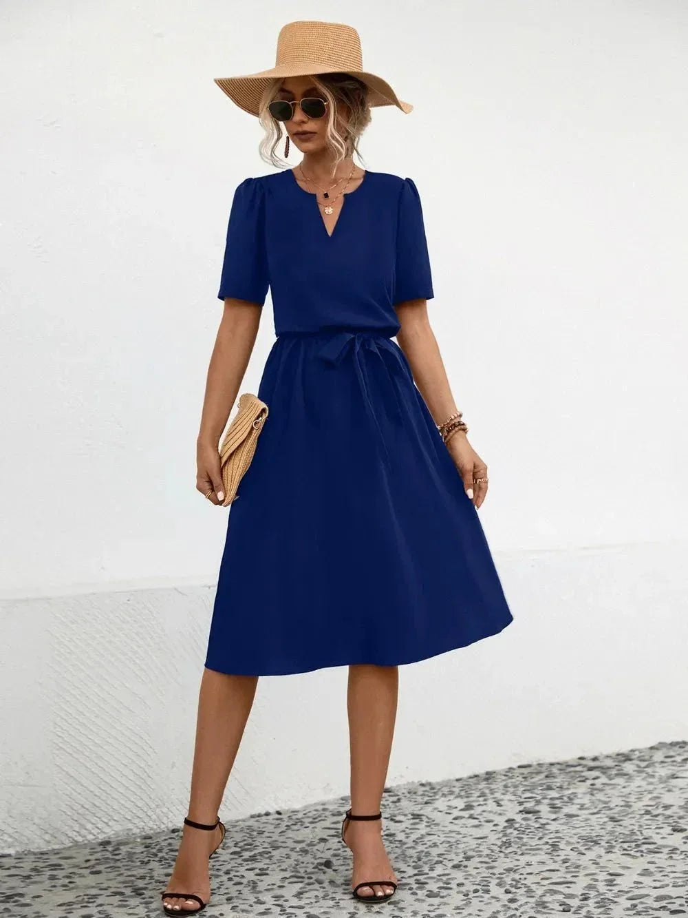 Tied Notched Short Sleeve Dress - VILLA FASHION