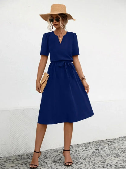 Tied Notched Short Sleeve Dress - VILLA FASHION