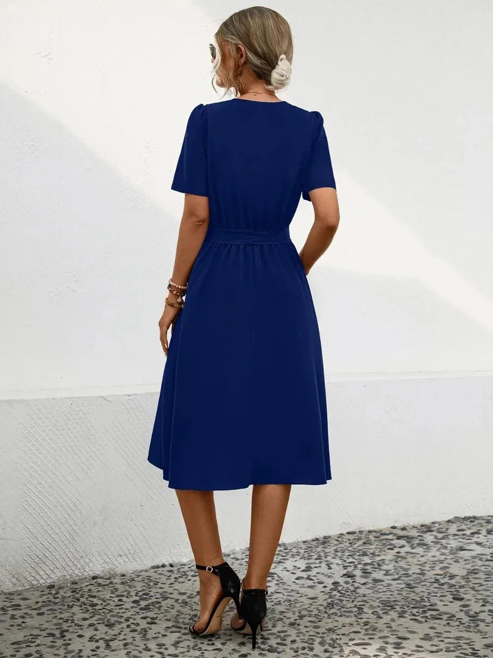 Tied Notched Short Sleeve Dress - VILLA FASHION