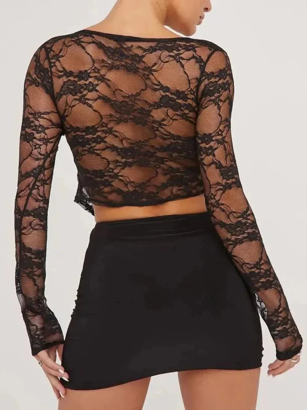 Tied Plunge Long Sleeve Lace Cropped Shirt - VILLA FASHION