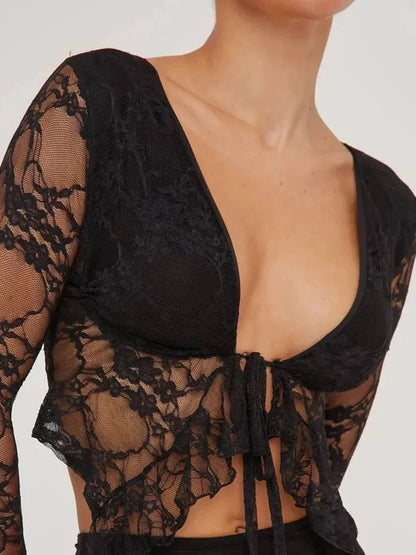 Tied Plunge Long Sleeve Lace Cropped Shirt - VILLA FASHION