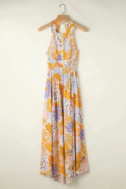 Tied Printed Grecian Sleeveless Maxi Dress - VILLA FASHION