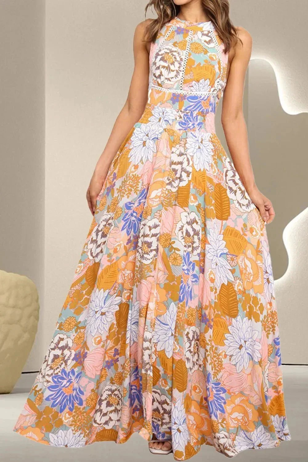 Tied Printed Grecian Sleeveless Maxi Dress - VILLA FASHION