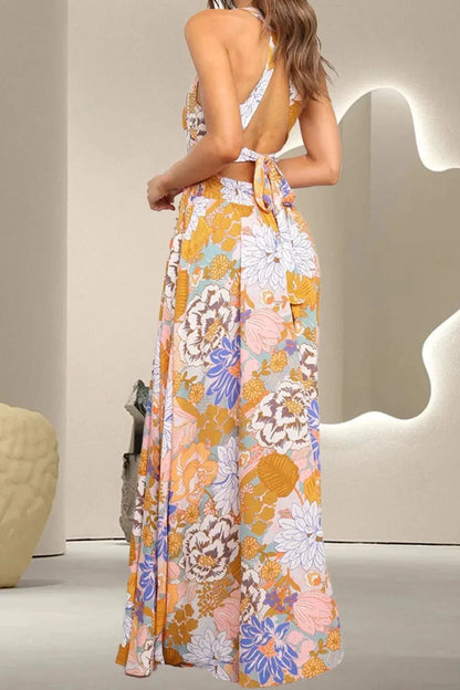Tied Printed Grecian Sleeveless Maxi Dress - VILLA FASHION