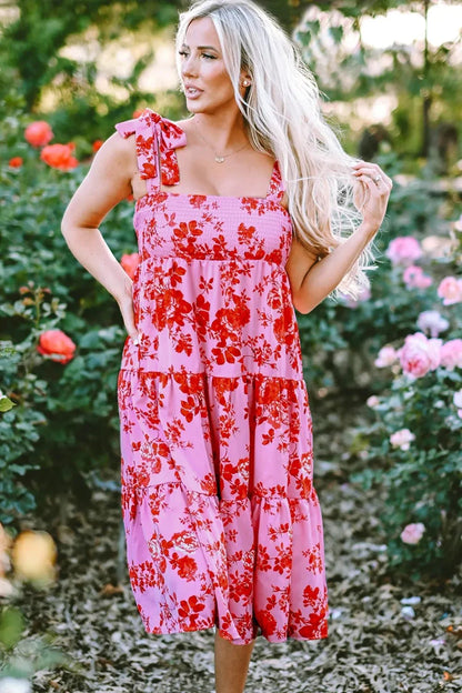 Tied Printed Sleeveless Tiered Dress - VILLA FASHION