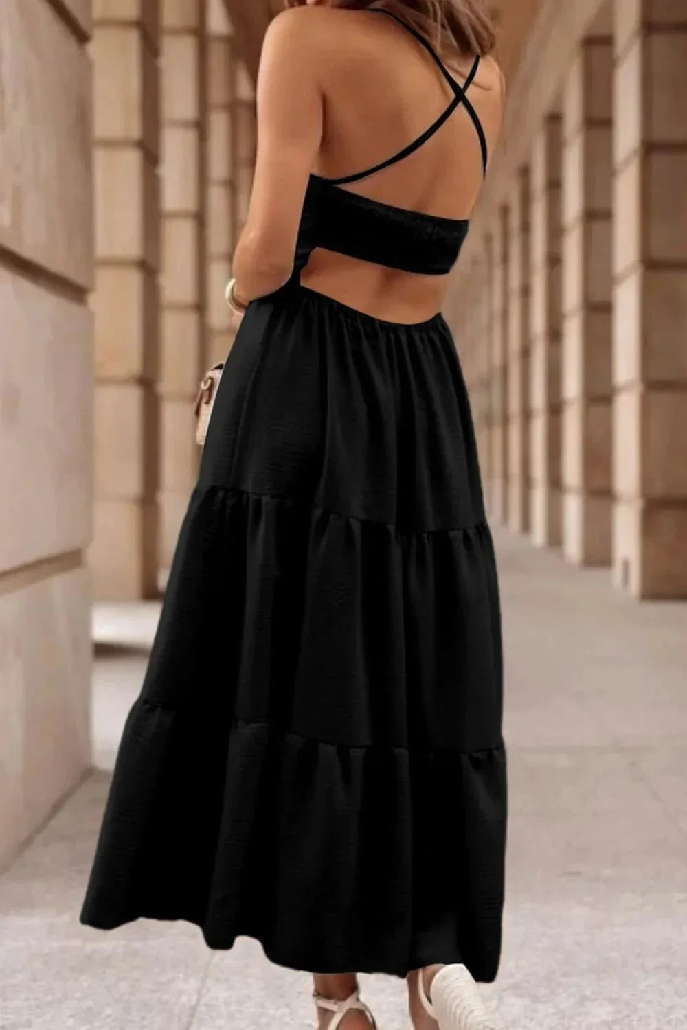 Tiered Crisscross Spaghetti Strap Dress - VILLA FASHION