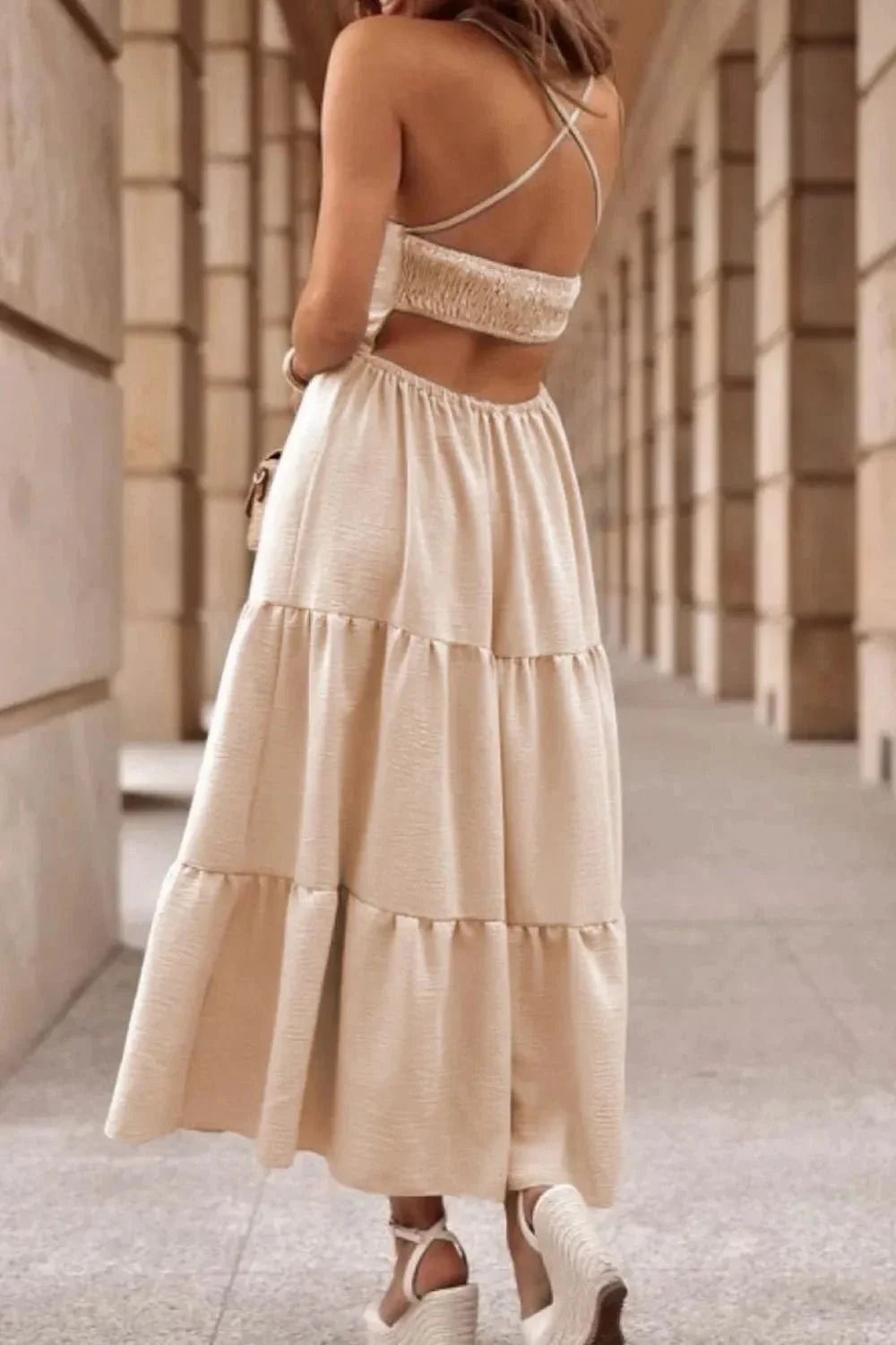 Tiered Crisscross Spaghetti Strap Dress - VILLA FASHION