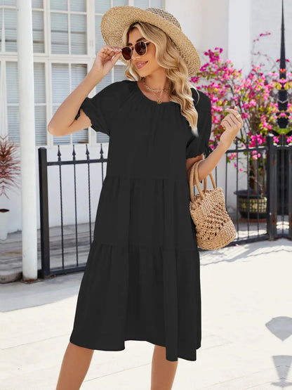 Tiered Round Neck Summer Dress - VILLA FASHION