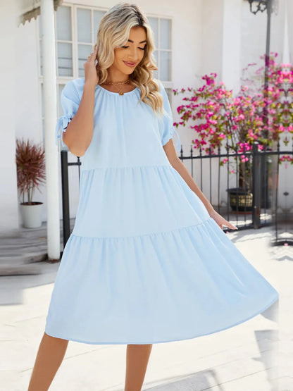 Tiered Round Neck Summer Dress - VILLA FASHION