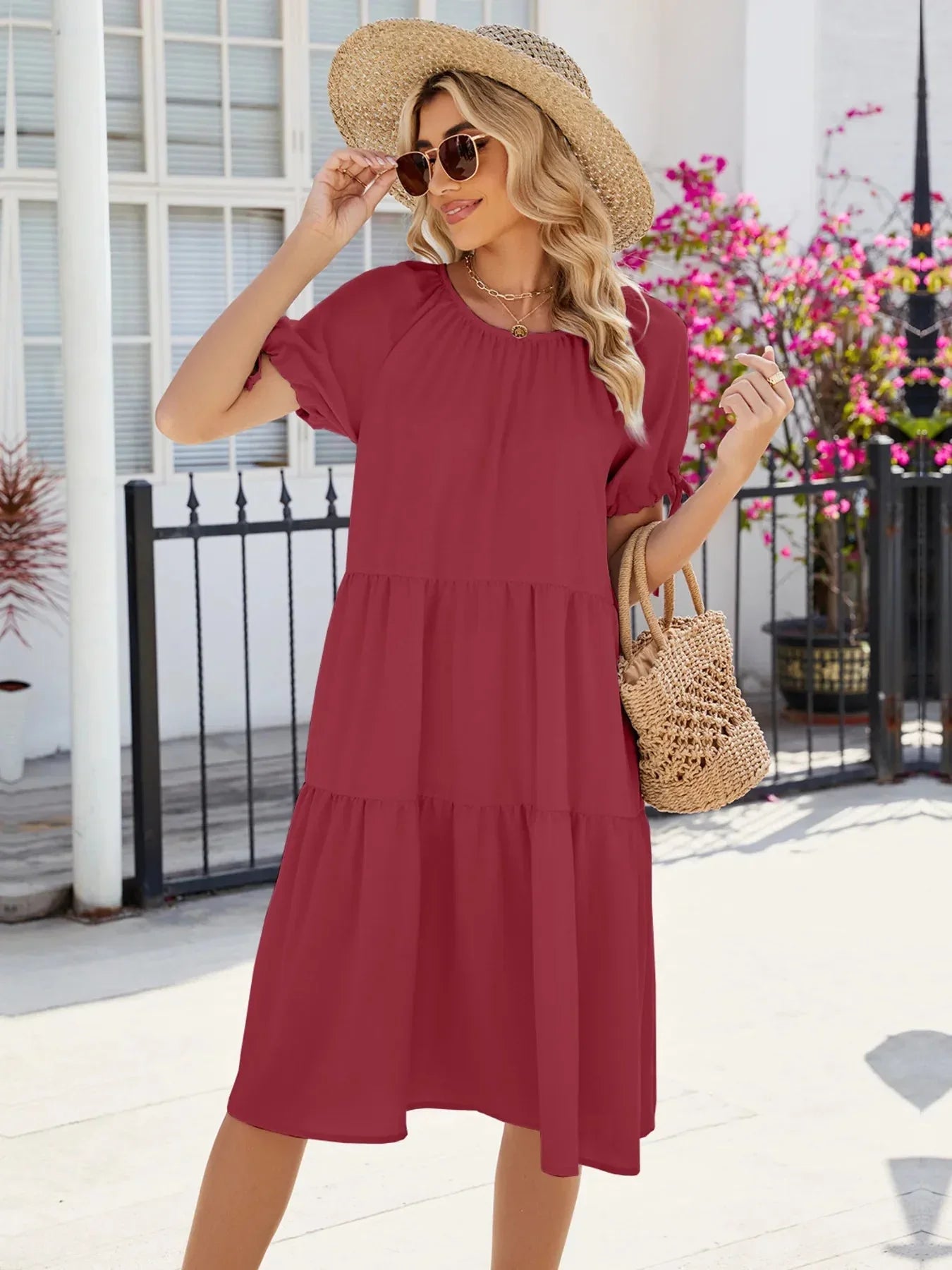 Tiered Round Neck Summer Dress - VILLA FASHION