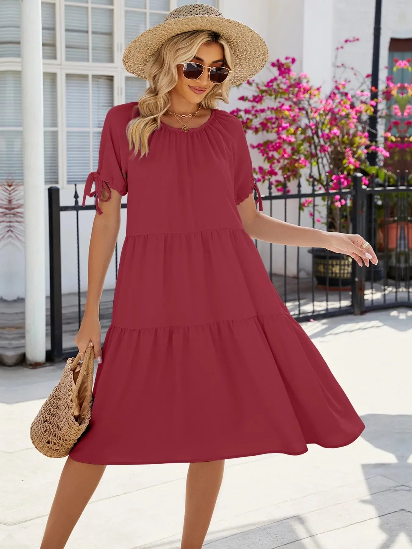 Tiered Round Neck Summer Dress - VILLA FASHION