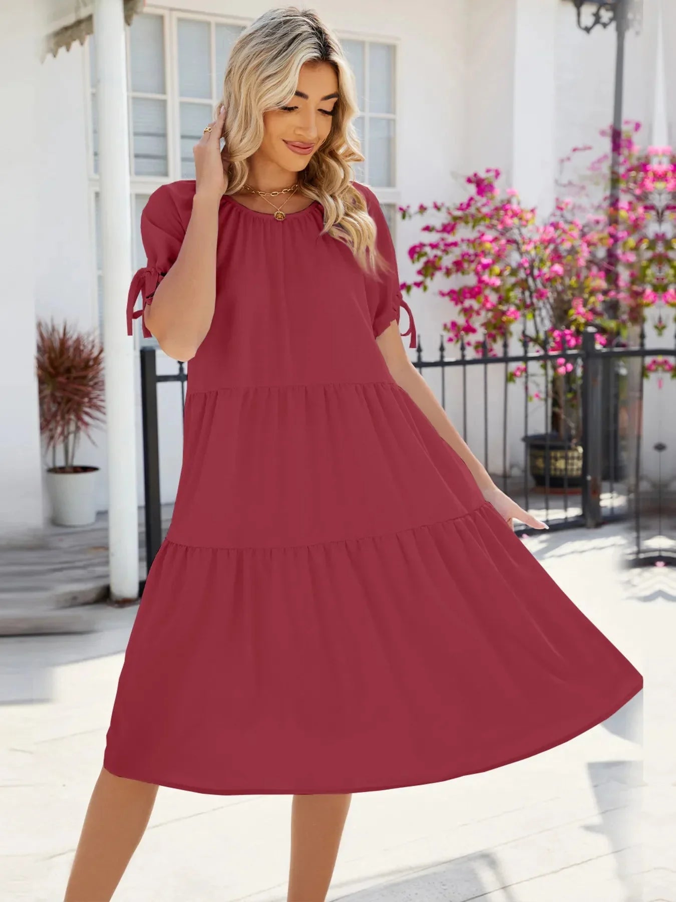 Tiered Round Neck Summer Dress - VILLA FASHION