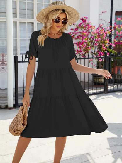 Tiered Round Neck Summer Dress - VILLA FASHION