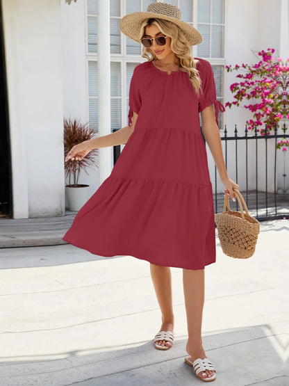 Tiered Round Neck Summer Dress - VILLA FASHION
