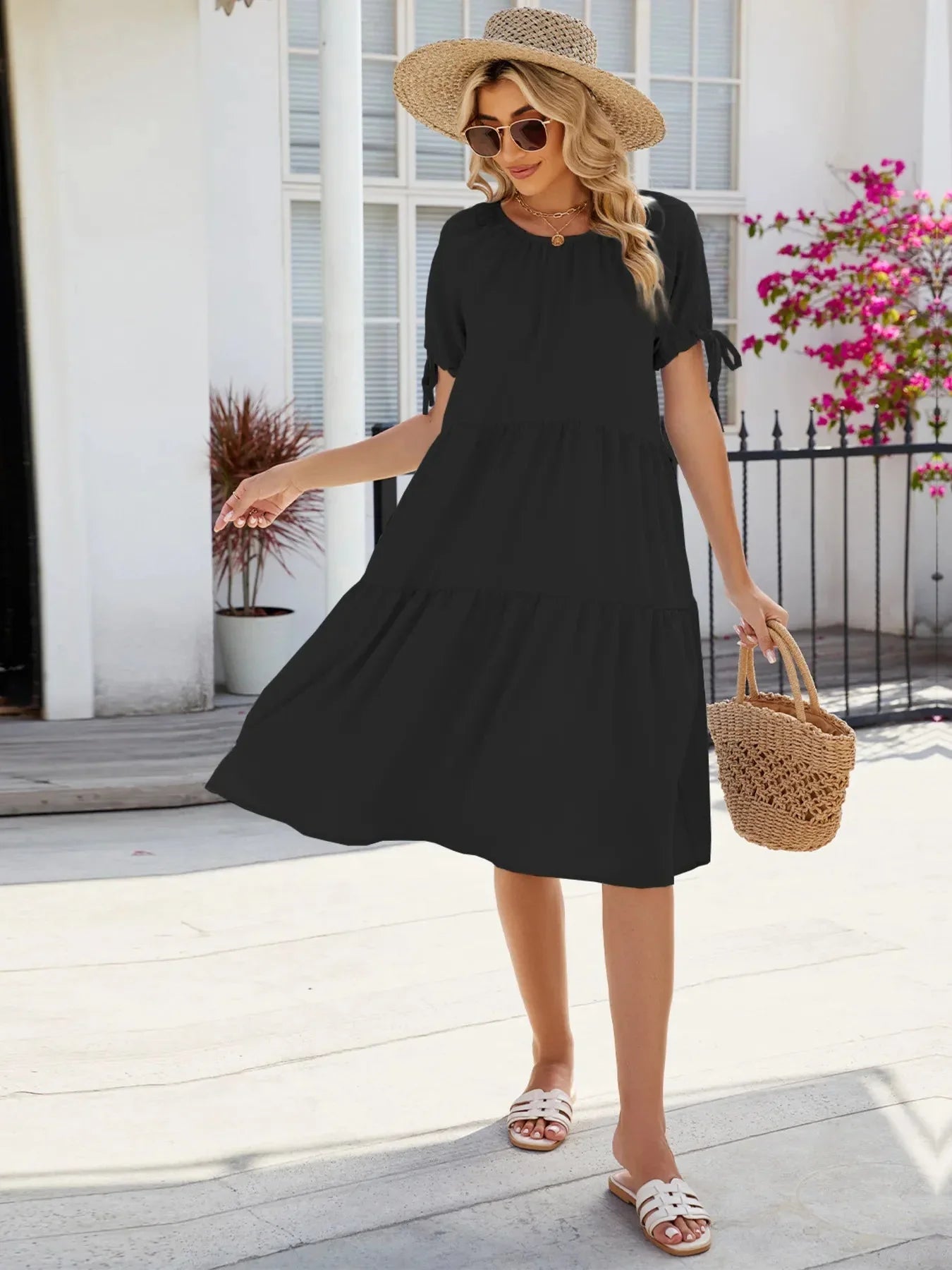 Tiered Round Neck Summer Dress - VILLA FASHION
