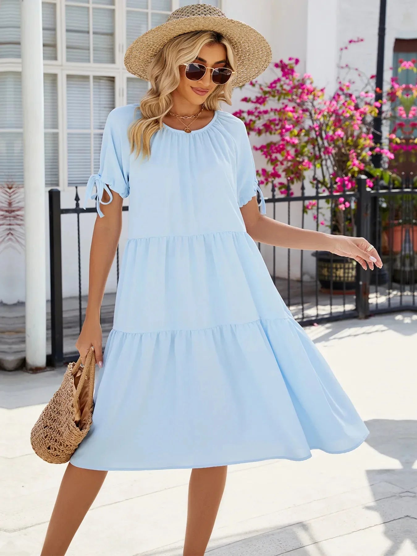 Tiered Round Neck Summer Dress - VILLA FASHION