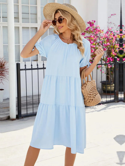 Tiered Round Neck Summer Dress - VILLA FASHION