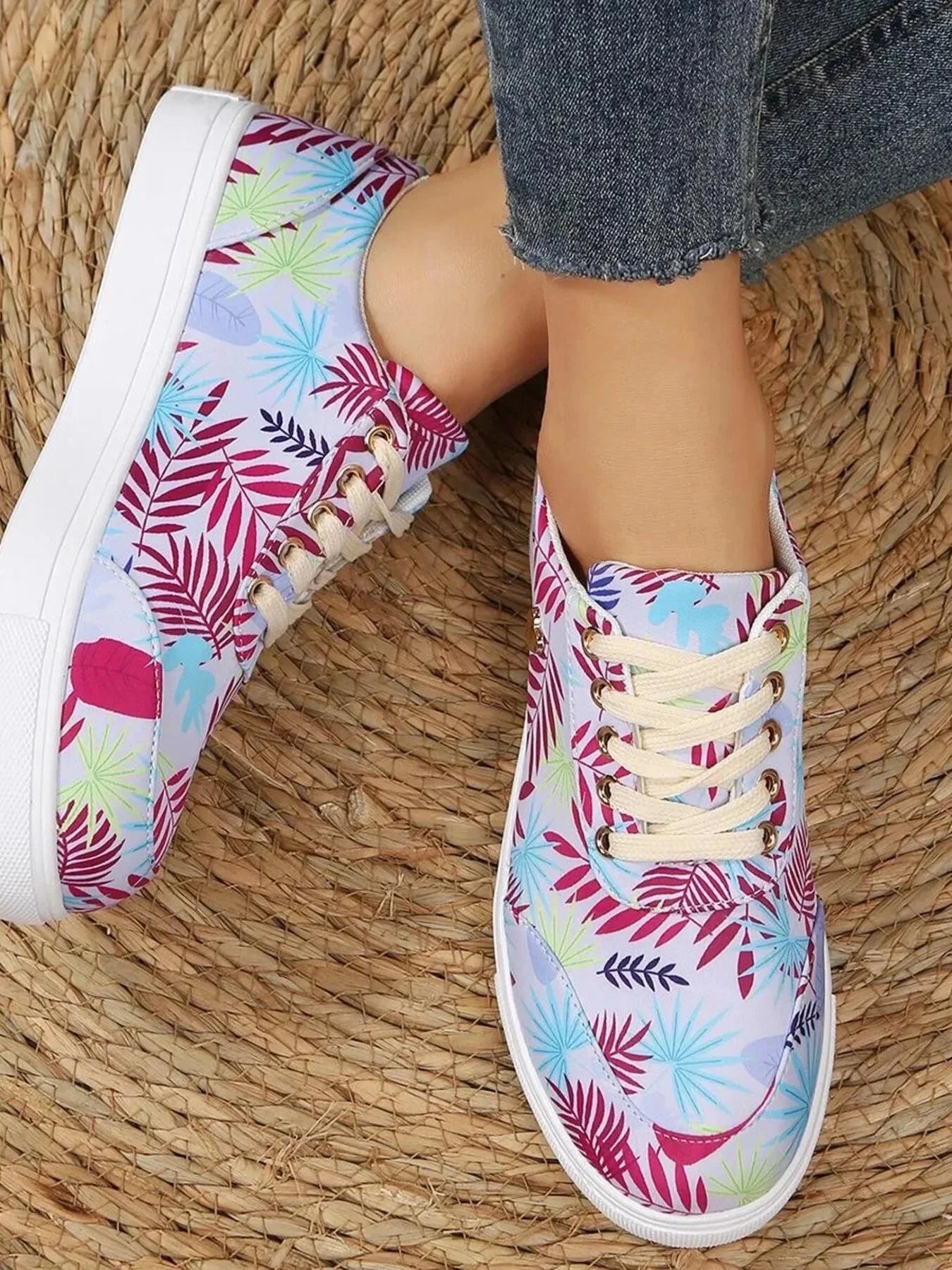 Tropical Leaf Print Canvas Sneakers - VILLA FASHION