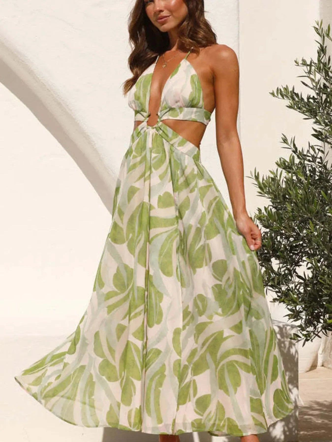 Tropical Print Backless Maxi Sleeveless Dress - VILLA FASHION