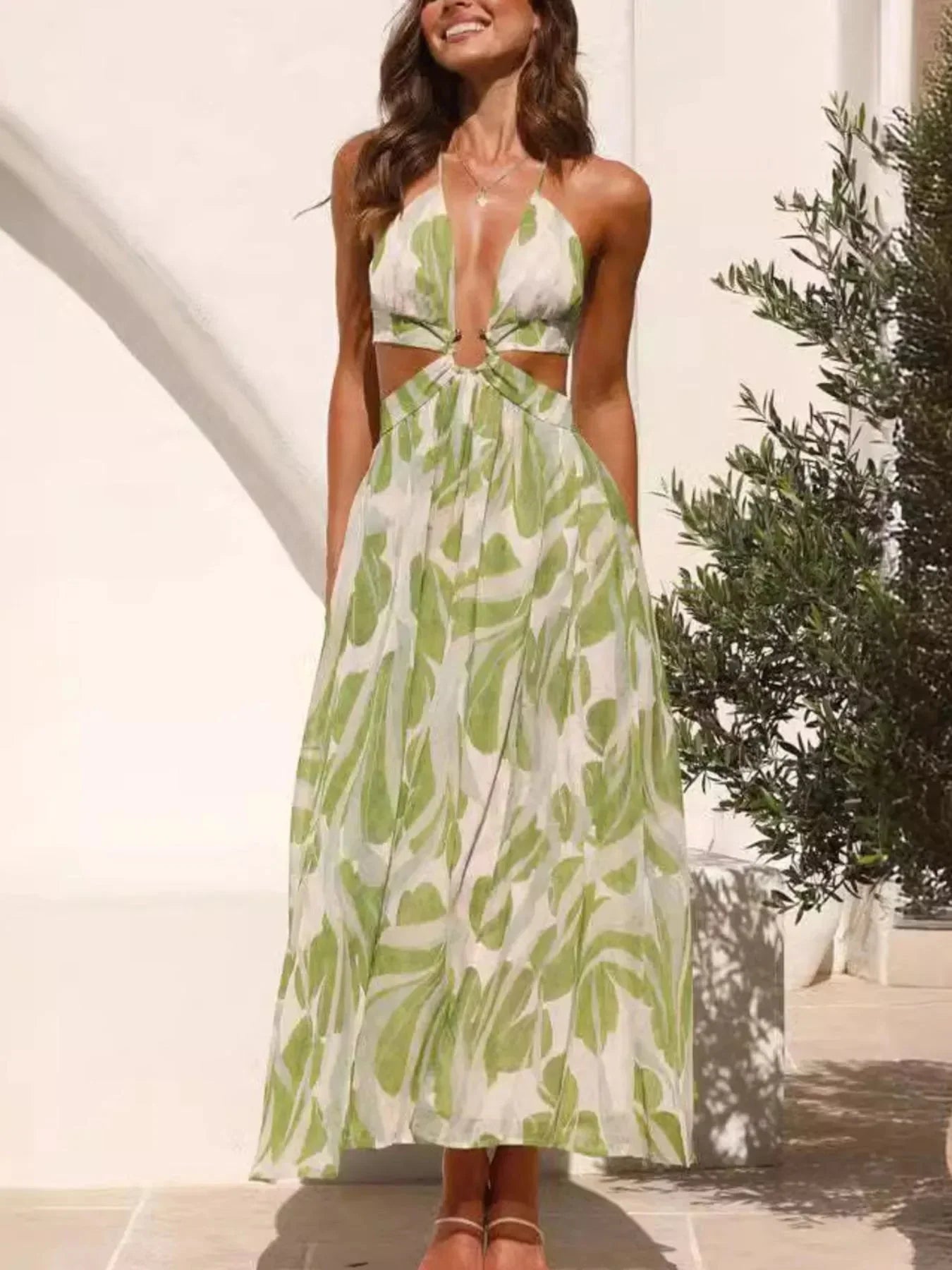 Tropical Print Backless Maxi Sleeveless Dress - VILLA FASHION