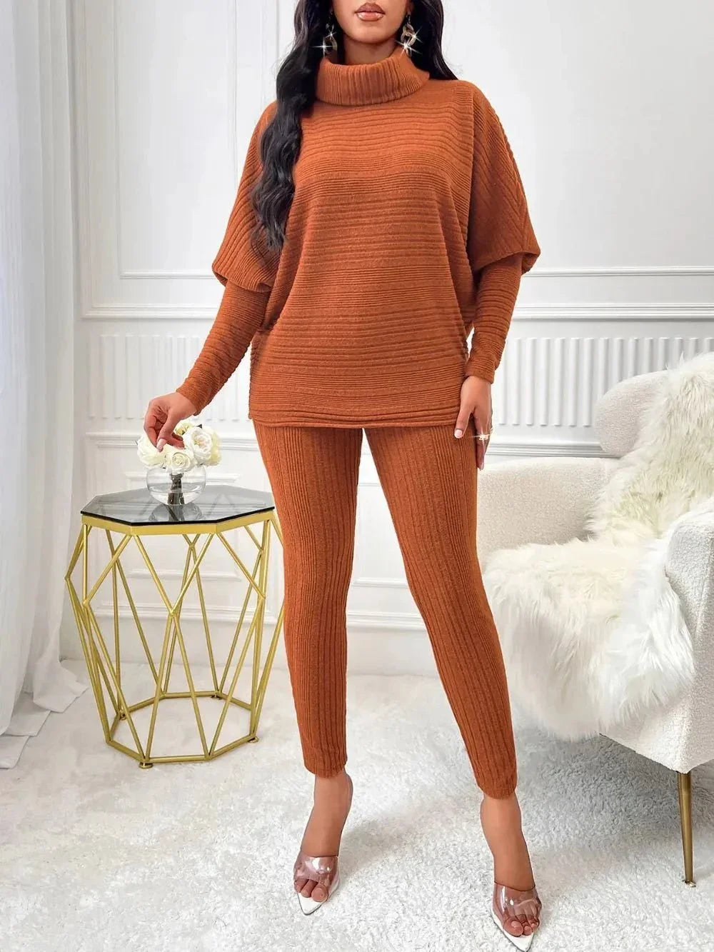 Turtleneck Batwing Sleeve Top and Pants Set - VILLA FASHION
