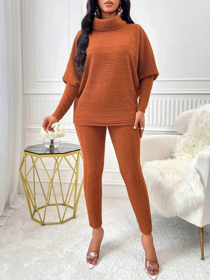 Turtleneck Batwing Sleeve Top and Pants Set - VILLA FASHION