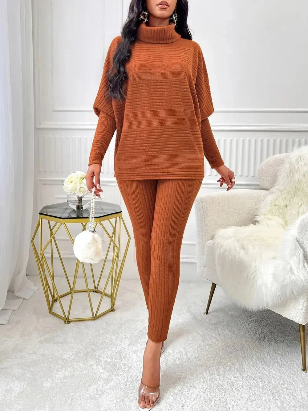 Turtleneck Batwing Sleeve Top and Pants Set - VILLA FASHION