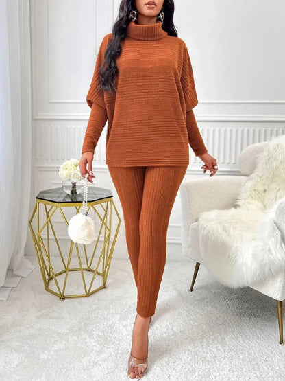 Turtleneck Batwing Sleeve Top and Pants Set - VILLA FASHION