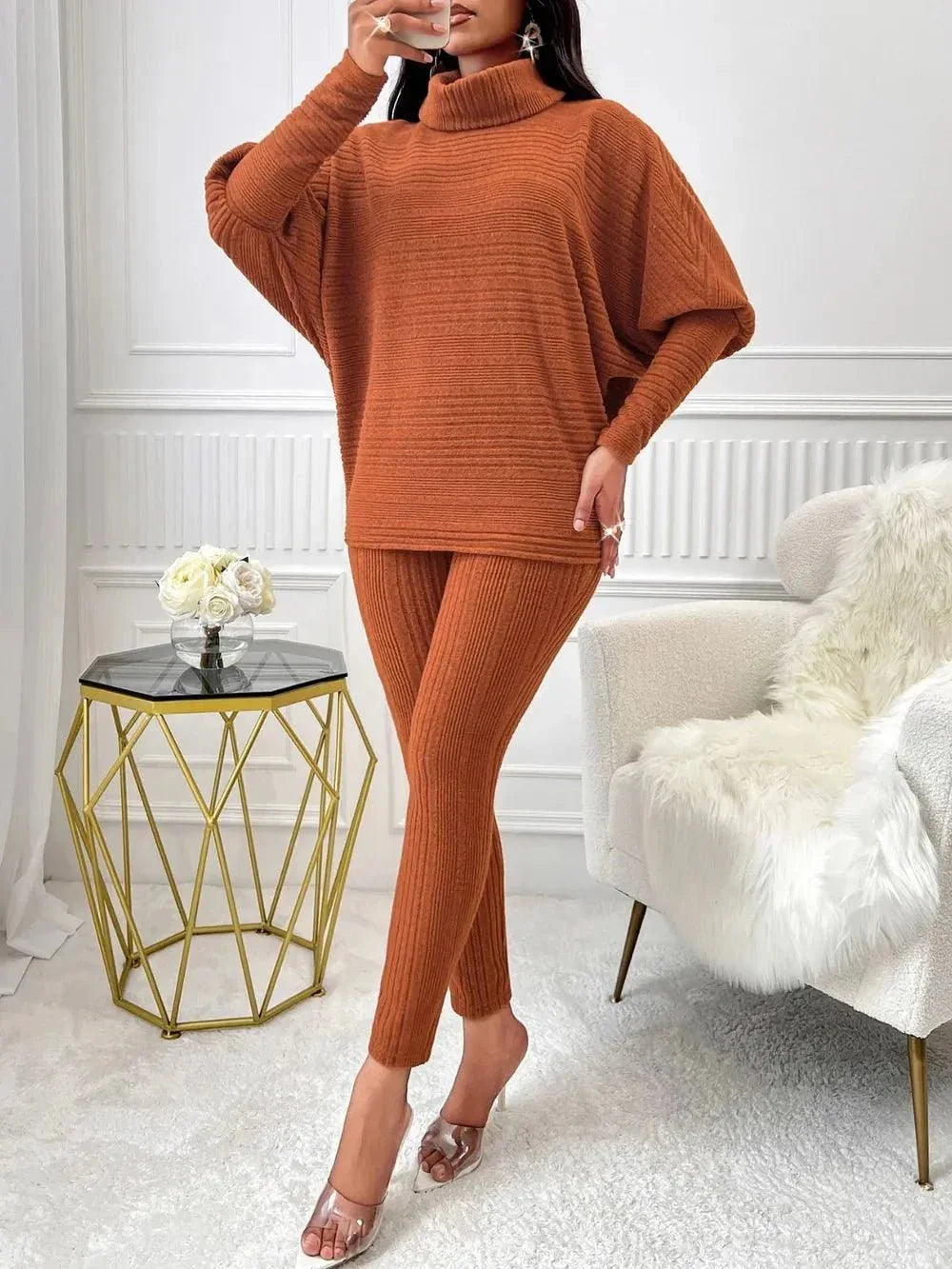 Turtleneck Batwing Sleeve Top and Pants Set - VILLA FASHION