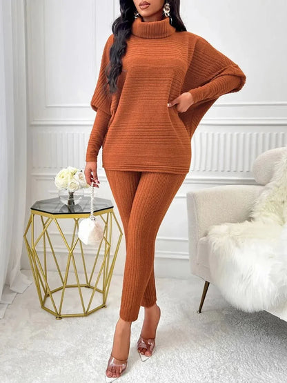 Turtleneck Batwing Sleeve Top and Pants Set - VILLA FASHION