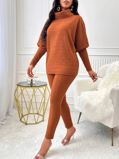 Turtleneck Batwing Sleeve Top and Pants Set - VILLA FASHION