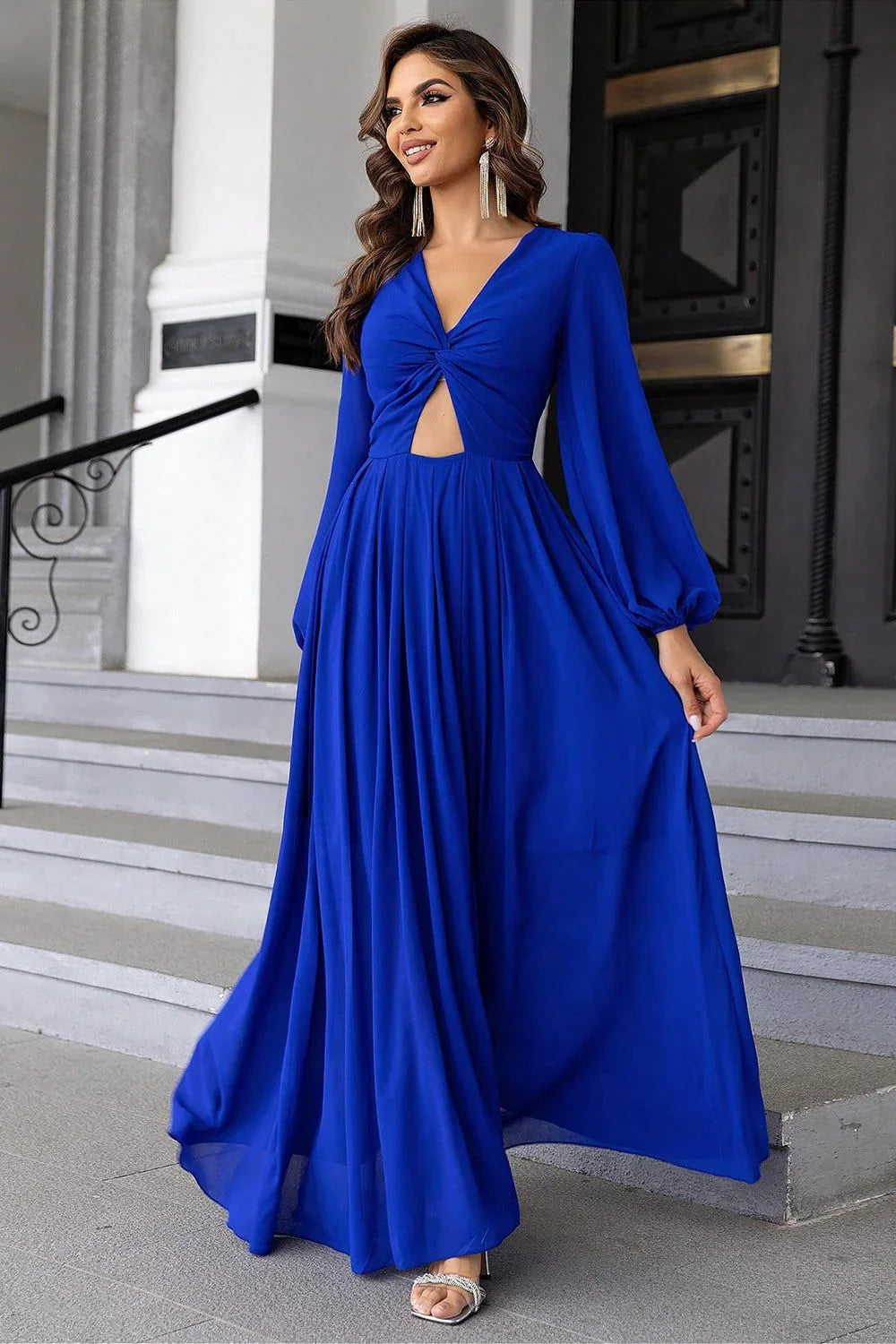 Twist Front Cutout Long Sleeve Dress - VILLA FASHION