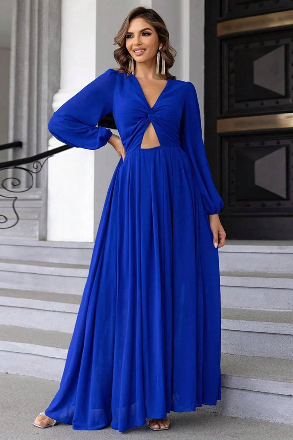 Twist Front Cutout Long Sleeve Dress - VILLA FASHION