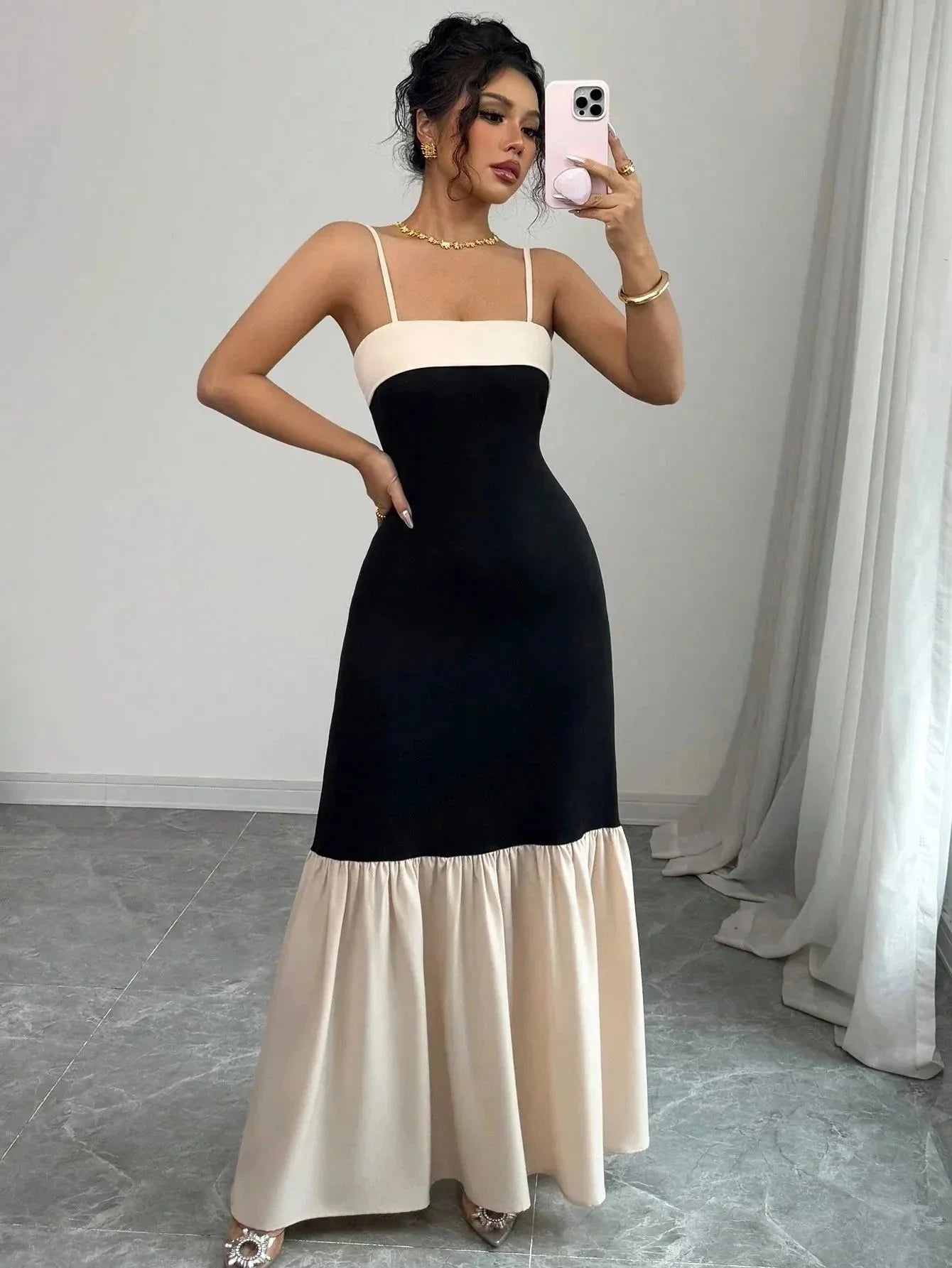 Two - Tone Spaghetti Strap Maxi Dress - VILLA FASHION