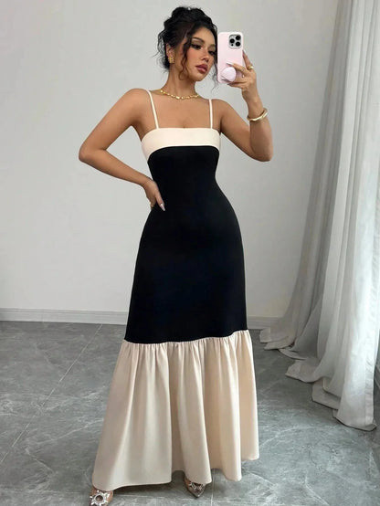 Two - Tone Spaghetti Strap Maxi Dress - VILLA FASHION