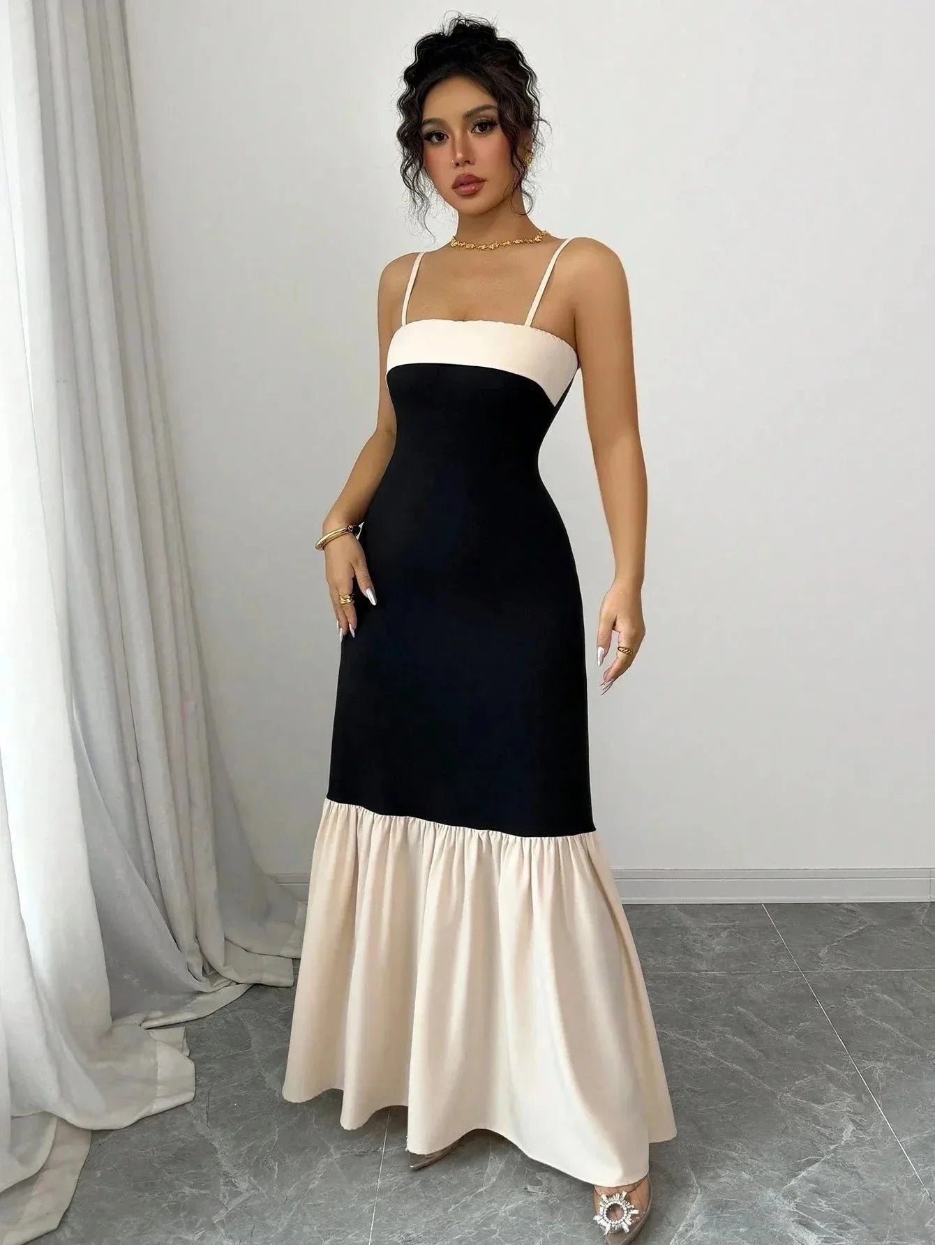 Two - Tone Spaghetti Strap Maxi Dress - VILLA FASHION