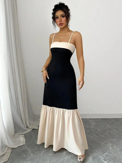 Two - Tone Spaghetti Strap Maxi Dress - VILLA FASHION