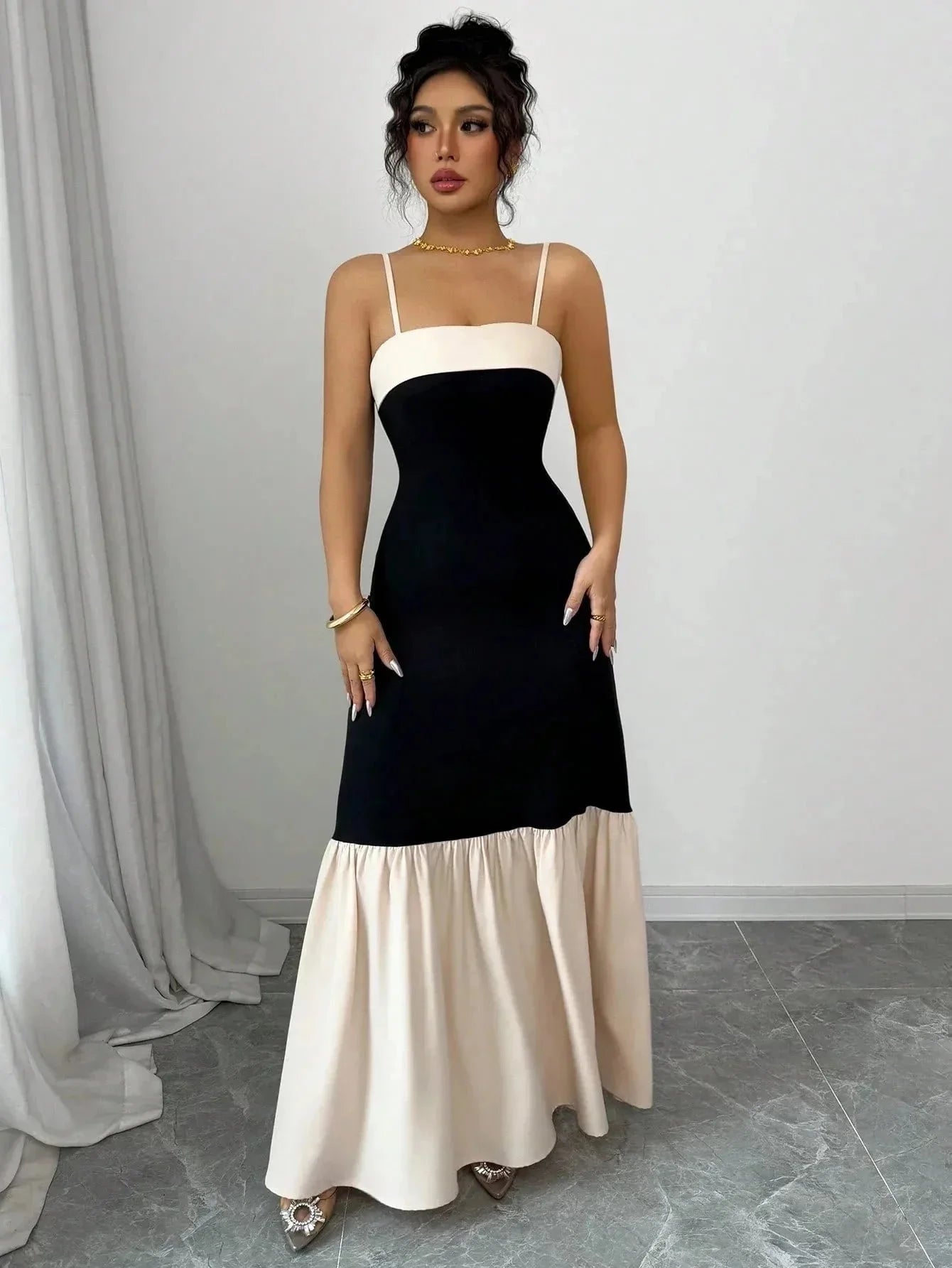 Two - Tone Spaghetti Strap Maxi Dress - VILLA FASHION