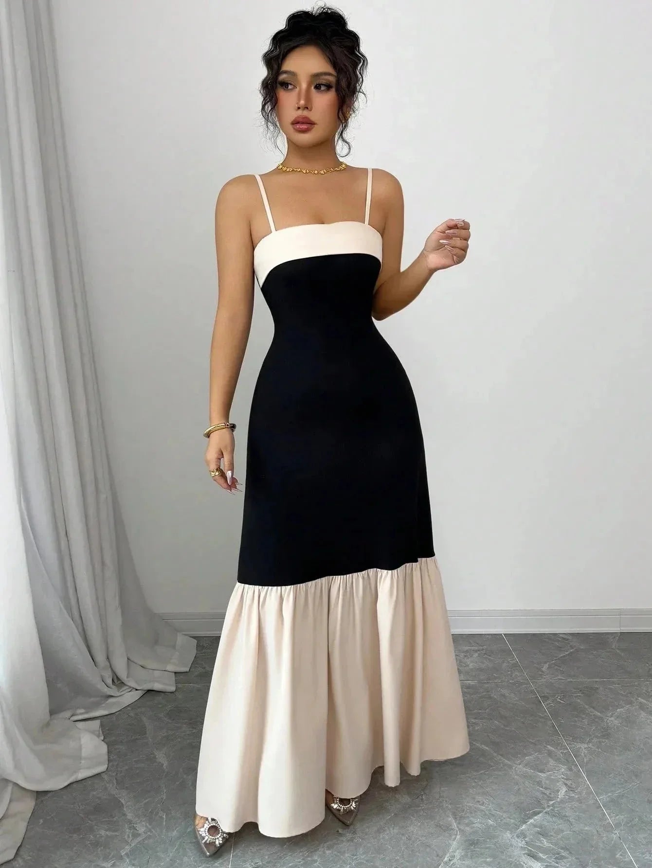 Two - Tone Spaghetti Strap Maxi Dress - VILLA FASHION